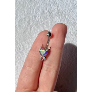 Nature Cerrahi Çelik Renkli Opal Taşlı Boynuzlu Kalp Göbek Piercing