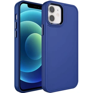 Ezotech  iPhone 12 - Uyumlu Metal Çerçeve ve Buton Tasarımlı Sert Botox Kapak-Lacivert