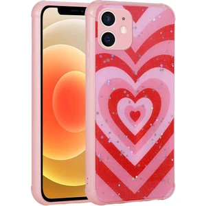 Ezotech  iPhone 12 - Uyumlu Simli Desenli Kamera Korumalı Parlak Popy Kapak-Kalp