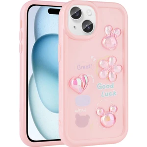 Ezotech  iPhone 15 - Uyumlu Kabartma Figürlü Parlak Toys Silikon Kapak-Pembe