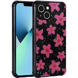 Ezotech  iPhone 13 - Uyumlu Simli Desenli Kamera Korumalı Parlak Popy Kapak-Çiçek