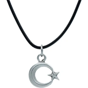 Minimal Ay Yıldız Deri ip Kolye - Gümüş Kaplama - Kadın Erkek Kolye - No:1003