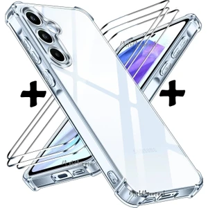 Samsung Galaxy A55 Kılıf Köşe Korumalı Darbeye Dayanıklı Antişok Şeffaf Silikon + 9h Temperli Cam 2'li Set