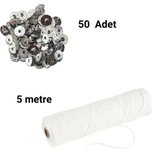Adin Tasarım Mum Fitil Tutacağı 50 Adet + Mum Fitili 5 M Mum Yapımı Çıtçıt Kopça Mum Fitili ve Tutacağı Seti