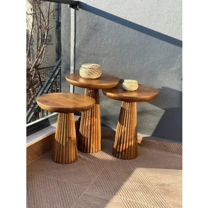 Simillo Home & Living Wood Wooden 3’lü Set Fitilli Mantar Yan Sehpa Modern Açık Ceviz Renk Fiskos