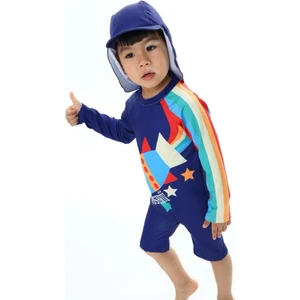 Podium Giyim Yeni Sezon Renkli Roket Desenli Kareoka Dikişli Uzun Kollu Alt Paraşüt Şort Uv Korumalı Mayo Takımı