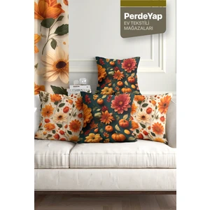 Perdeyap Bal Kabağı ve Rengârenk Çiçekler Desenli 4lü Dijital Baskılı Kırlent Kılıfı 43 x 43 cm 041