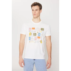 Altınyıldız Classics Erkek Ekru Standart Fit Normal Kesim %100 Pamuk Baskılı Bisiklet Yaka Tişört