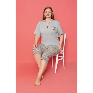 Farya Home X-Dreamy Büyük Beden Pamuklu Desenli Düğmeli Yaka Kapri Pijama Takımı