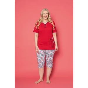 Farya Home X-Dreamy Büyük Beden Pamuklu Desenli Düğmeli Yaka Kapri Pijama Takımı