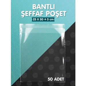 Tuğset Etiket Bantlı Şeffaf Poşet (23X30+5CM)   50 Adet Parlak Jelatin Paket Hediye Poşeti -T956