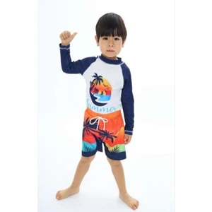 Podium Giyim Yeni Sezon Summer Desenli Kareoka Dikişli Uzun Kollu Alt Paraşüt Şort Uv Korumalı Mayo Takımı