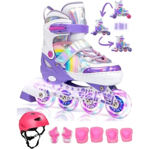 Unicorn Işıklı Paten Kask Koruma Seti 2+2 Gökkuşağı Kız Çocuk Pateni Silikon Teker,taşıma Çantalı 