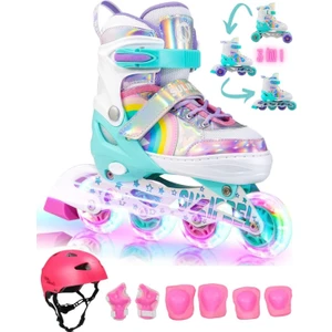 Unicorn Işıklı Paten Kask Koruma Seti 2+2 Gökkuşağı Kız Çocuk Pateni Silikon Teker,taşıma Çantalı 