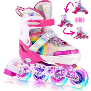 Unicorn Işıklı Paten 2+2 Gökkuşağı Kız Çocuk Pateni Silikon Teker,taşıma Çantalı 3 In 1 Teker