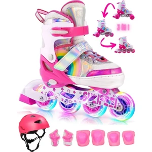 Unicorn Işıklı Paten Kask Koruma Seti 2+2 Gökkuşağı Kız Çocuk Pateni Silikon Teker,taşıma Çantalı 