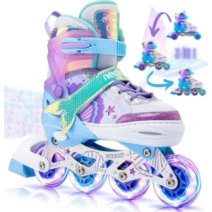 Deniz Kızı Işıklı Paten 2+2 Kız Çocuk Pateni Silikon Teker,taşıma Çantalı 3 In 1 Teker