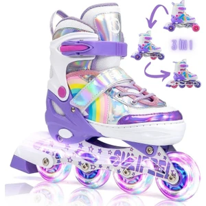 Unicorn Işıklı Paten 2+2 Gökkuşağı Kız Çocuk Pateni Silikon Teker,taşıma Çantalı 3 In 1 Teker