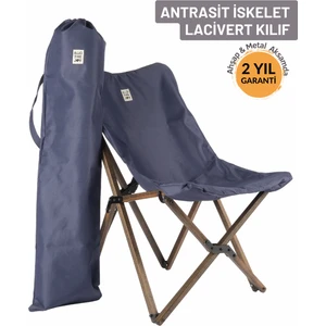 Bag The Joy Ahşap Katlanır Kamp & Bahçe Sandalyesi – Antrasit Iskelet - Lacivert Kılıf