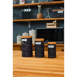 UCR Home 3'lü Set Metal Çay Kahve Şeker Saklama Kavanozu - Siyah Mermer Desenli