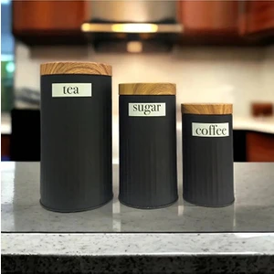 UCR Home 3'lü Set Metal Çay Kahve Şeker Saklama Kavanozu - Siyah