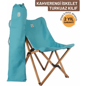 Bag The Joy Ahşap Katlanır Kamp & Bahçe Sandalyesi – Kahverengi Iskelet - Turkuaz Kılıf
