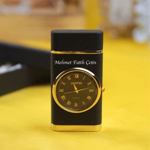 Keyfim Shop Isme Özel Işıklı Saatli Siyah Renk Çakmak