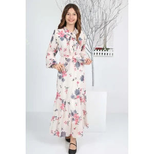 Kız Çocuk Çiçek Desenli Tam Boy Uzun Şifon ELBISE-ELB-0034