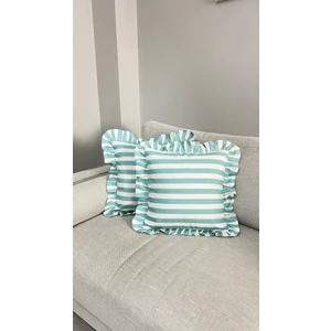 Çizgili Mavi Beyaz Fırfırlı Keten Kırlent Kılıfı 40X40 cm
