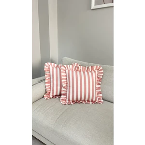 Çizgili Pembe Beyaz Fırfırlı Keten Kırlent Kılıfı 40X40 cm