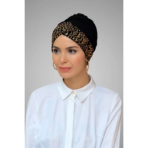 Hürrem Bone Siyah-Gold Pratik Hazır Geçmeli Tesettür Bone Sandy Kumaş Pullu Tek Çapraz 1907_102