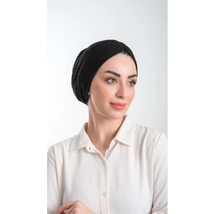 Hürrem Bone Siyah Pratik Hazır Geçmeli Tesettür Bone Fukuro Simli Büzgülü 2116_01