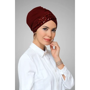Hürrem Bone Bordo Pratik Hazır Geçmeli Tesettür Bone Sandy Kumaş Pullu Tek Çapraz 1907_16