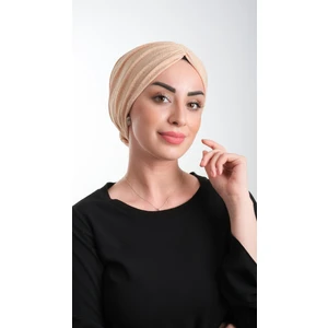 Hürrem Bone Bej Pratik Hazır Geçmeli Tesettür Bone Fukuro Simli Büzgülü 2116_12