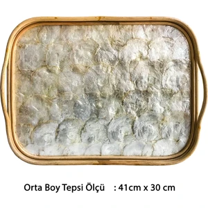 Esas Aksesuar Rattan Dekoratif El Yapımı Sedef Tepsi  Orta Boy