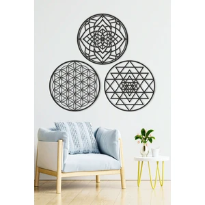 Ahşap Yaşam Çiçeği Sri Yantra ve Mandala  Üçlü Dekoratif Tablo Duvar Süsü