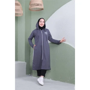 Yazı Baskılı Fermuarlı Kapşonlu Uzun Sweat - 03081.017 - Antrasit
