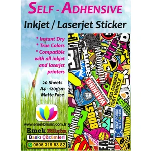 Inkjet ve Laser Için Yapışkanlı Mat (Sticker) Etiket Kağıdı 20 Adet A4 Sticker Etiket