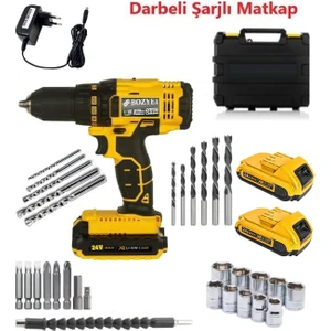 Şarjlı Darbeli Matkap 24 Volt Çift Akülü Şansımanlı Torklu Matkap Duvar Beton Ahşap Delme Vidalama
