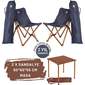 Bag The Joy Ahşap Katlanır Masa Sandalye Seti Kahverengi -  Lacivert Kılıf 60X60X55 Kahverengi Masa