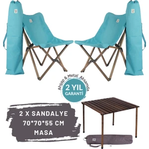 Bag The Joy Ahşap Katlanır Masa Sandalye Seti Antrasit - Turkuaz Kılıf 70X70X55 Antrasit Masa