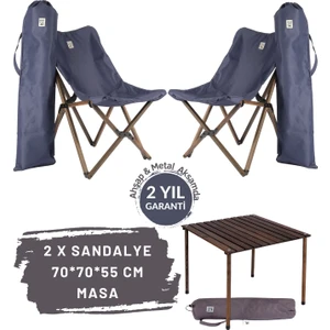 Bag The Joy Ahşap Katlanır Masa Sandalye Seti Antrasit - Lacivert Kılıf 70X70X55 Antrasit Masa