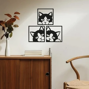 Emach Dizayn 3'lü Sevimli Kedi Ahşap Duvar Dekoru ve Tablosu 35X35 cm - Çift Taraflı Bant ile Kolay Montaj