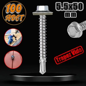 Trapez Çatı Vidası 5.5X50 mm Paket 100 Adet Matkap Uçlu Sac Akıllı Vida Çatı Panel Metal Ağaç Vidası