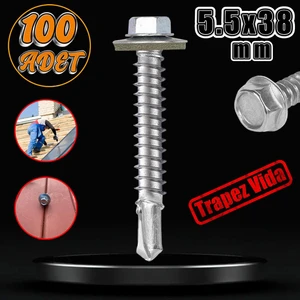 Trapez Çatı Vidası 5.5X38 mm Paket 100 Adet Matkap Uçlu Sac Akıllı Vida Çatı Panel Metal Ağaç Vidası