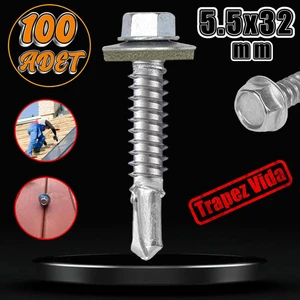 Trapez Çatı Vidası 5.5X32 mm Paket 100 Adet Matkap Uçlu Sac Akıllı Vida Çatı Panel Metal Ağaç Vidası