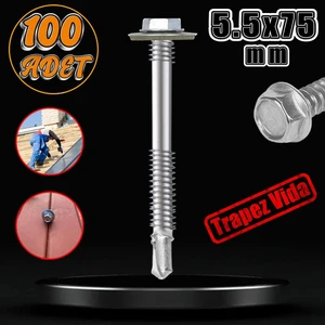Trapez Çatı Vidası 5.5X75 mm Paket 100 Adet Matkap Uçlu Sac Akıllı Vida Çatı Panel Metal Ağaç Vidası