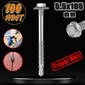 Trapez Çatı Vidası 5.5X105 mm Paket 100 Adet Matkap Uçlu Sac Akıllı Vida Çatı Panel Metal Ağaç Vidası