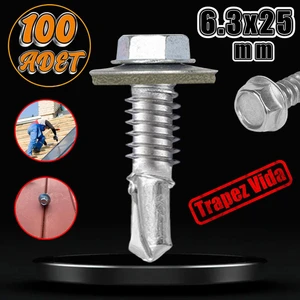 Trapez Çatı Vidası 6.3X25 mm Paket 100 Adet Matkap Uçlu Sac Akıllı Vida Çatı Panel Metal Ağaç Vidası