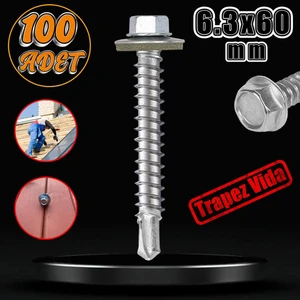 Trapez Çatı Vidası 6.3X60 mm Paket 100 Adet Matkap Uçlu Sac Akıllı Vida Çatı Panel Metal Ağaç Vidası